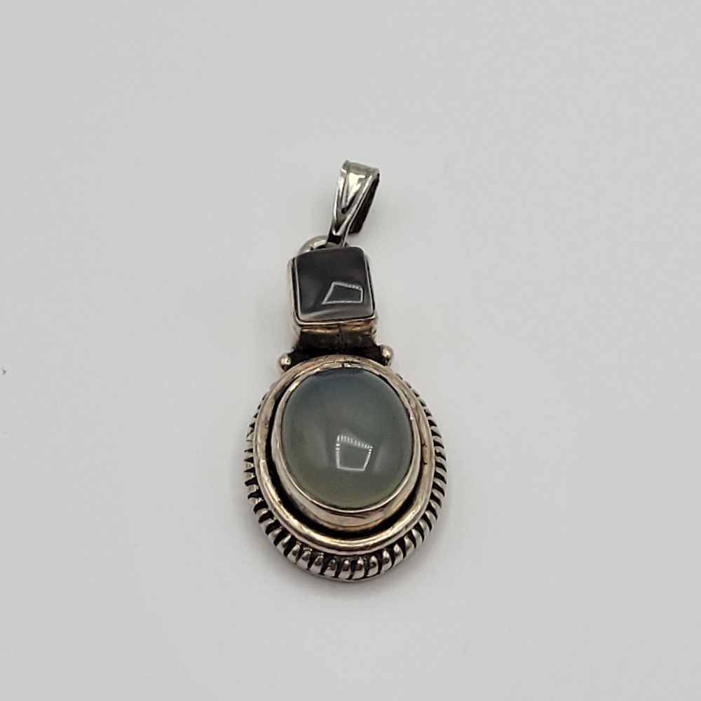 Modern Sterling Silver Oval Grey Stone Pendant
